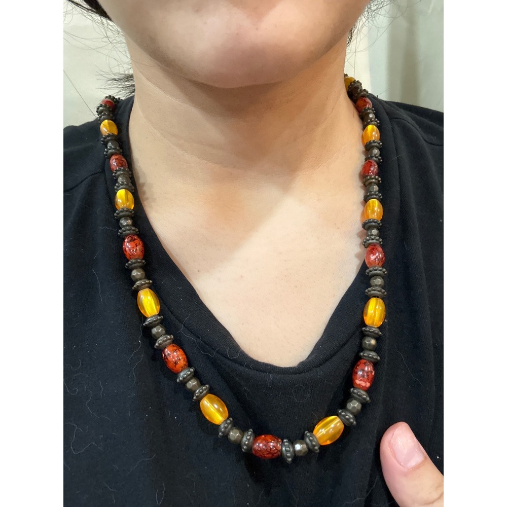 2-Beaded Necklace Women OS Amber Red Black Excellent Boho Earthy Glass